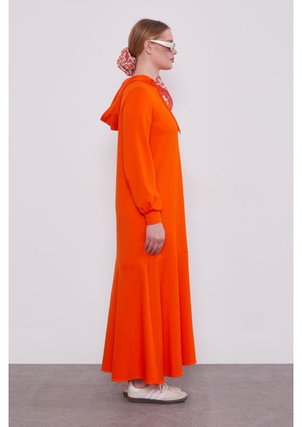Oranj Kapuşonlu Gizli Cep Detaylı Elbise modelleri