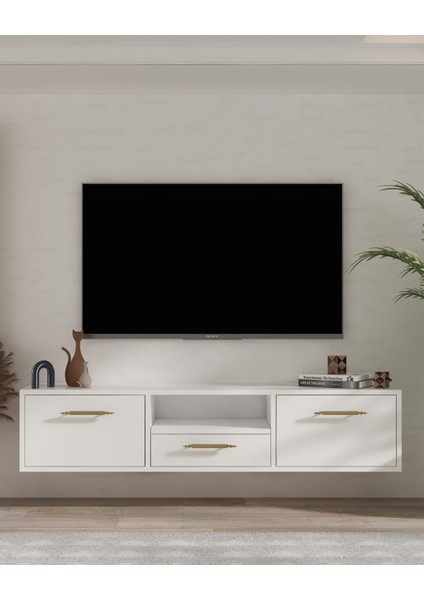 1331DROPDD-128 Duvara Montaj Tv Sehpası Beyaz-Altın