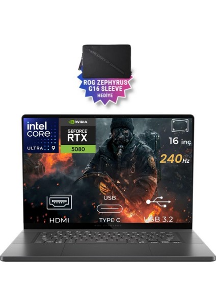 Rog Zephyrus G16 Ultra 9 285H GU605CW-QR159-K06 32GB 4tb+4tb RTX5080 16GB W11PRO 16" 240Hz Wqxga Gaming Laptop