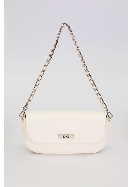 Bej Silver Kilit Detaylı Omuz Çantası