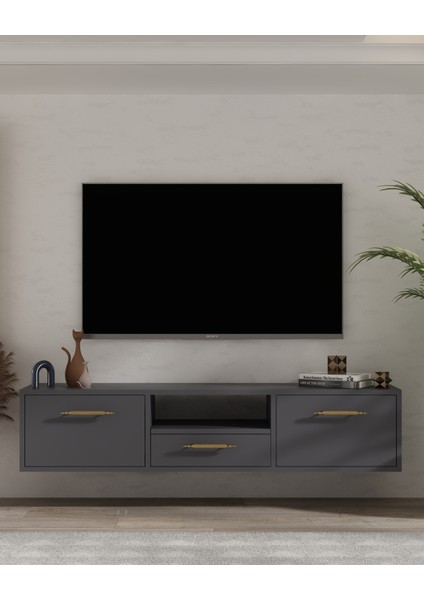 1331DROPDD-128 Duvara Montaj Tv Sehpası Antrasit-Altın
