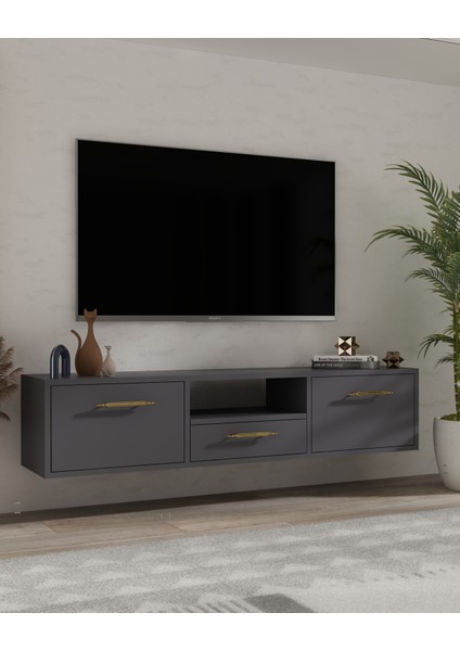 1331DROPDD-128 Duvara Montaj Tv Sehpası Antrasit-Altın