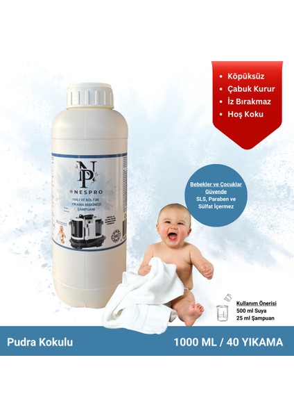 Halı ve Koltuk Yıkama Makinesi Şampuanı/deterjanı - Pudra Kokulu Köpüksüz 1 Lt