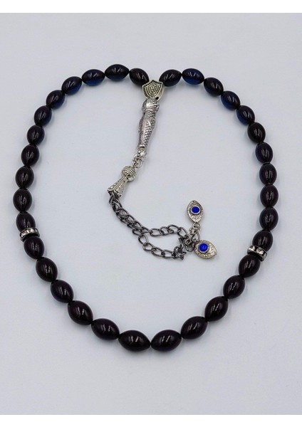 Siyah-Mavi Alpaka Püsküllü Ateş Kehribar Tespih (Ahşap Kutu)