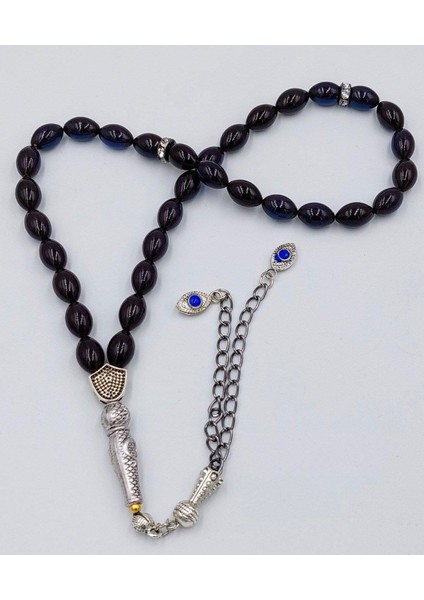 Siyah-Mavi Alpaka Püsküllü Ateş Kehribar Tespih (Ahşap Kutu) modelleri