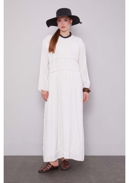 Ekru Büzgü Detaylı Elbise