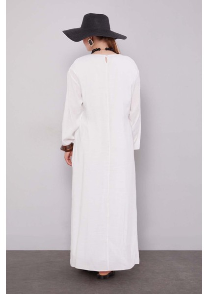 Ekru Büzgü Detaylı Elbise