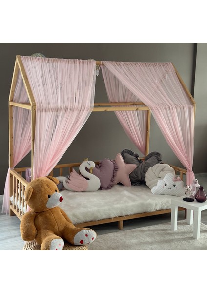 Toz Pembe Çift Perdeli Montessori Yatak Cibinliği