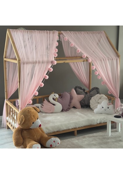 Toz Pembe Çift Perdeli Montessori Yatak Cibinliği modelleri