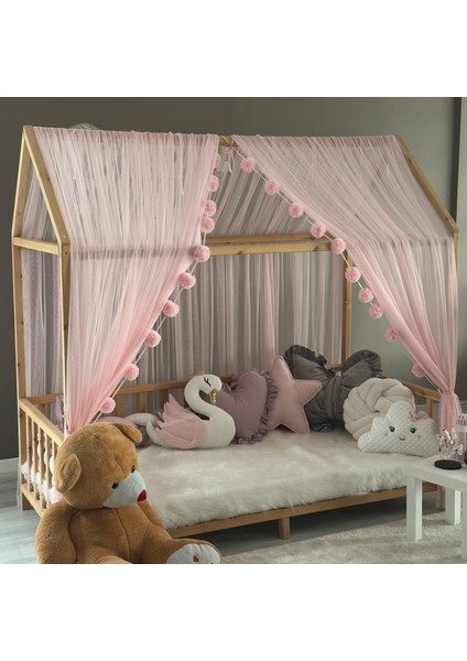 Toz Pembe Çift Perdeli Montessori Yatak Cibinliği