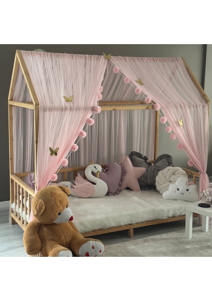 Toz Pembe Çift Perdeli Montessori Yatak Cibinliği