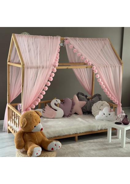 Toz Pembe Çift Perdeli Montessori Yatak Cibinliği