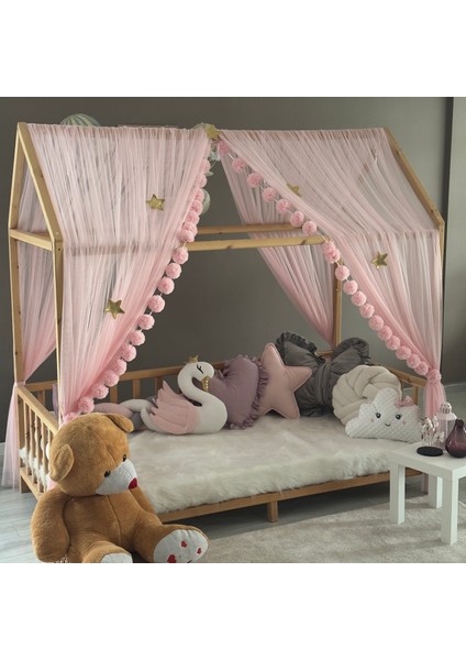 Toz Pembe Çift Perdeli Montessori Yatak Cibinliği