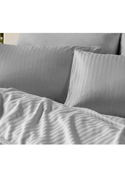 Otel Konsept Çizgili % 100 Pamuk Saten Gri Renk 2 'li Yastık Kılıfı