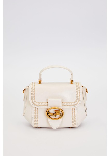 Krem Kenar Desenli Dikişli El Çantası