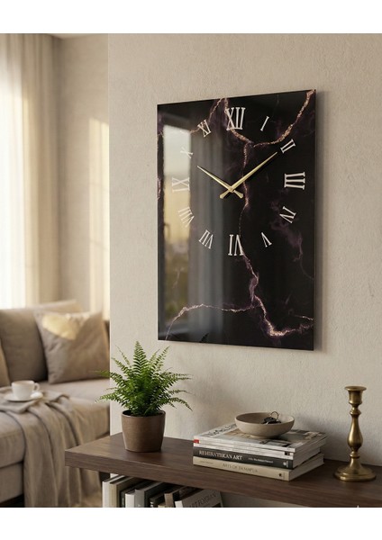 Siyah Mermer Tasarımlı Duvar Saati - Sessiz Mekanizmalı Özel Tasarım - Roma Rakamlı Quartz