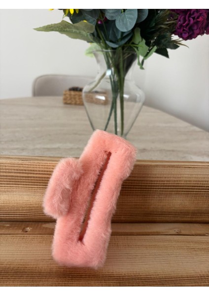 Peluş Kürk Mandallı Toka Mercan Rengi Büyük