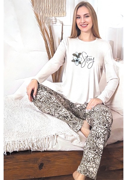 Büyük Beden Kadın Desenli Saphire Pijama Takımı 0487 BEJ01 fiyatları