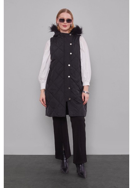Siyah Kürk Kapüşonlu Şişme Yelek