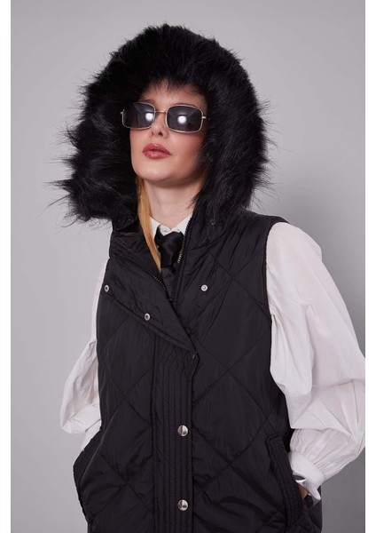 Siyah Kürk Kapüşonlu Şişme Yelek fiyatları