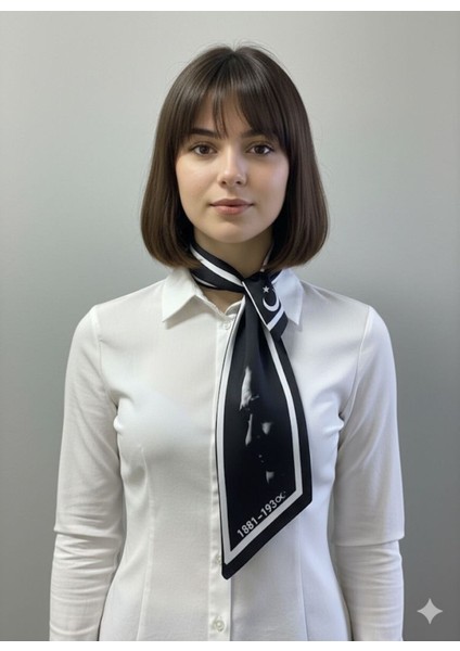 Atatürk Fotoğraflı Siyah - Beyaz ve Imzalı Türk Bayraklı Kravat / Eşarp / Fular