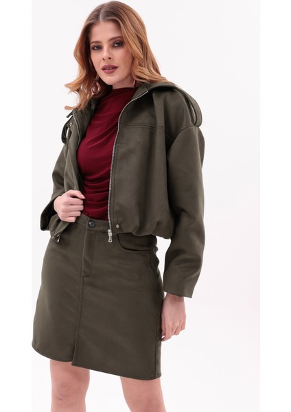 Kadın Süet Oversize Ceket & Mini Etek Takım – Haki Şık Ikili Set fiyatları