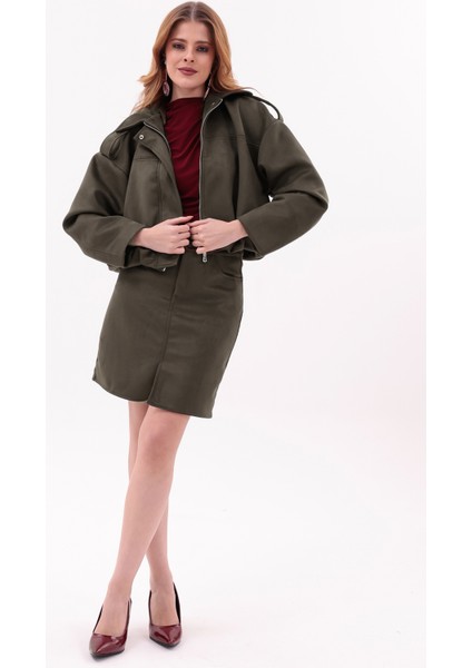 Kadın Süet Oversize Ceket & Mini Etek Takım – Haki Şık Ikili Set modelleri