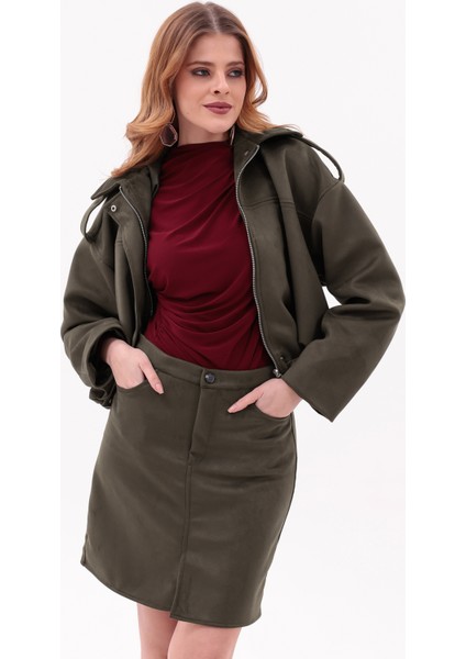 Kadın Süet Oversize Ceket & Mini Etek Takım – Haki Şık Ikili Set fırsatları