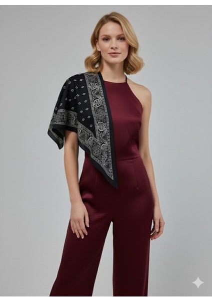 Saray Motif Siyah Üçgen Fular Bandana Estacraft - 100X45 cm