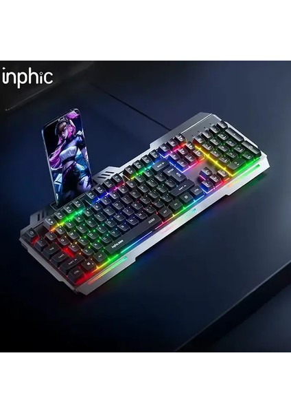 Yetkinphone Inphic K2 USB Kablolu Oyun Klavyesi 104-KEY Sessiz Oyun Klavyesi Bilgisayar Laptop Için Cep Telefonu Yerleştirme Alanı