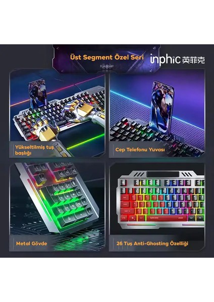 Yetkinphone Inphic K2 USB Kablolu Oyun Klavyesi 104-KEY Sessiz Oyun Klavyesi Bilgisayar Laptop Için Cep Telefonu Yerleştirme Alanı