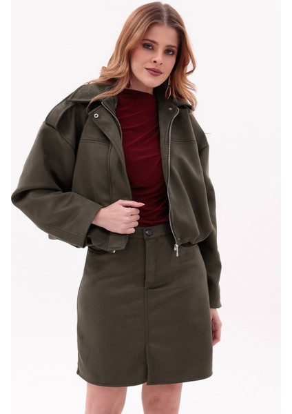 Kadın Süet Oversize Ceket & Mini Etek Takım – Haki Şık Ikili Set