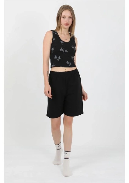 Kadın Kalın Askılı Pamuk Penye Şortlu Crop Takım Siyah
