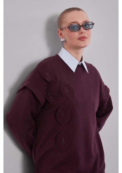Bordo Omuz Manşet Detaylı Sweat