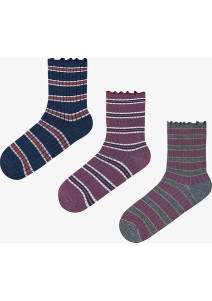 Kahve Lacivert Ruffled Stripe 3lü Soket Çorap