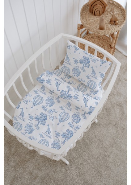 %100 Pamuklu Poplin Anne Yanı Beşik Nevresim Seti - Blue Balloon Safari