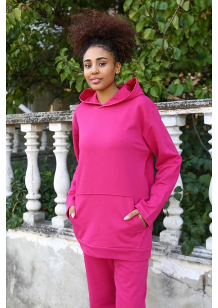 Kadın Pamuk Kapşonlu Cepli 3 Iplik Fuşya Eşofman Takım
