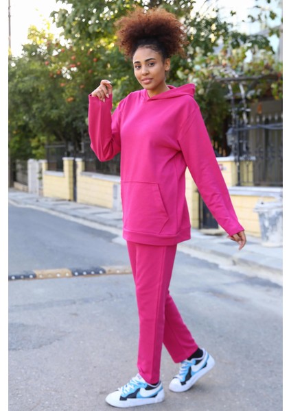 Kadın Pamuk Kapşonlu Cepli 3 Iplik Fuşya Eşofman Takım fiyatları