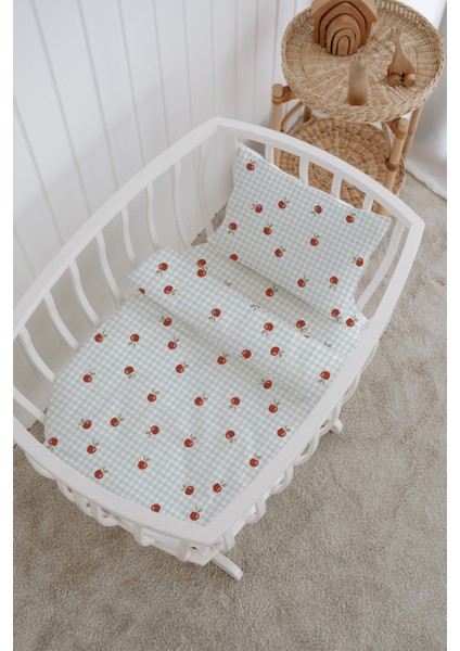 %100 Pamuklu Poplin Anne Yanı Beşik Nevresim Seti - Pötikare Elmalar