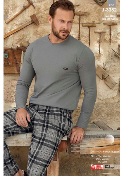Erkek Aydoğan Jakar Uzun Kol Pijama Takımı 3382 Gri modelleri