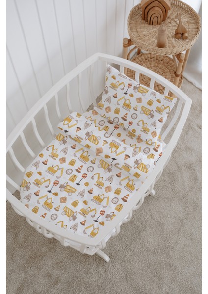 %100 Pamuklu Poplin Anne Yanı Beşik Nevresim Seti - Sevimli Iş Makineleri
