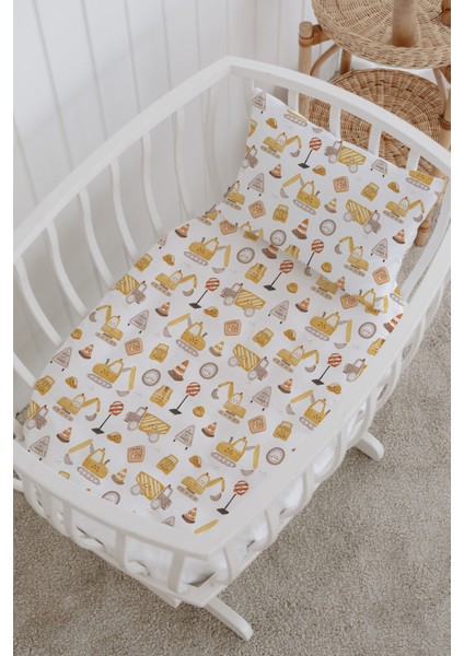 %100 Pamuklu Poplin Anne Yanı Beşik Nevresim Seti - Sevimli Iş Makineleri fiyatları