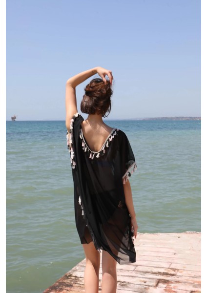 Kadın Püsküllü Tunik Pareo Plaj Elbisesi Siyah