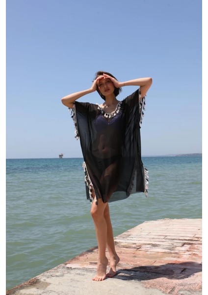 Kadın Püsküllü Tunik Pareo Plaj Elbisesi Siyah fiyatları