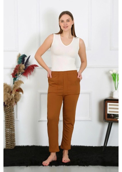 Kadın Pamuk Cepli 3 Iplik Alt Eşofman Kahve