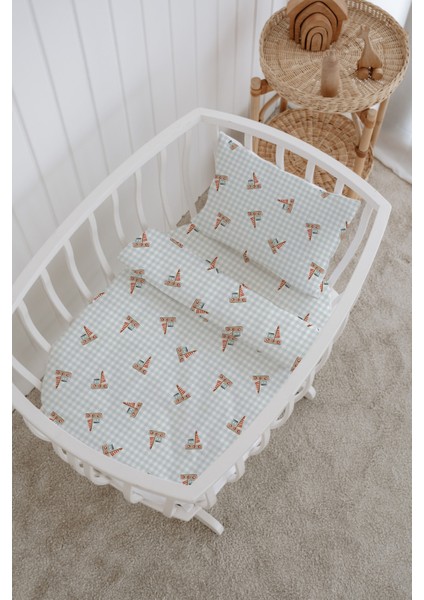 %100 Pamuklu Poplin Anne Yanı Beşik Nevresim Seti - Pötikare Yelkenliler