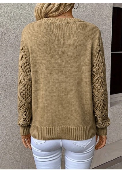 Kadın Uzun Kollu V Yaka Kol Delikli Baklava Desen Detaylı Triko Kazak modelleri