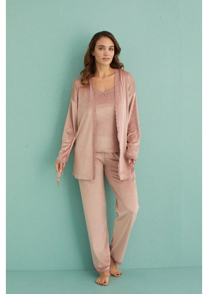 13402 Pudra Kadife 3'lü Kadın Pijama Takımı
