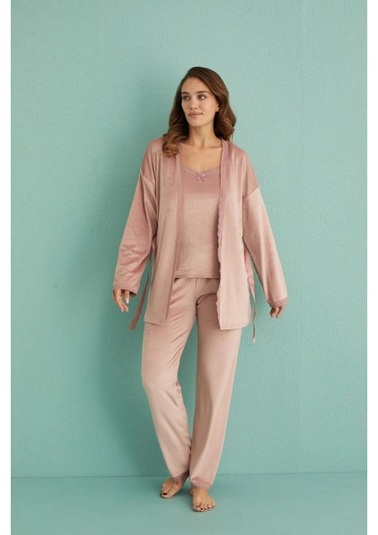 13402 Pudra Kadife 3'lü Kadın Pijama Takımı fiyatları