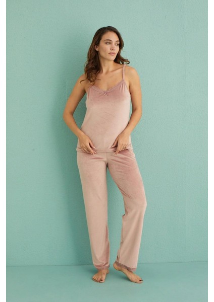 13402 Pudra Kadife 3'lü Kadın Pijama Takımı modelleri